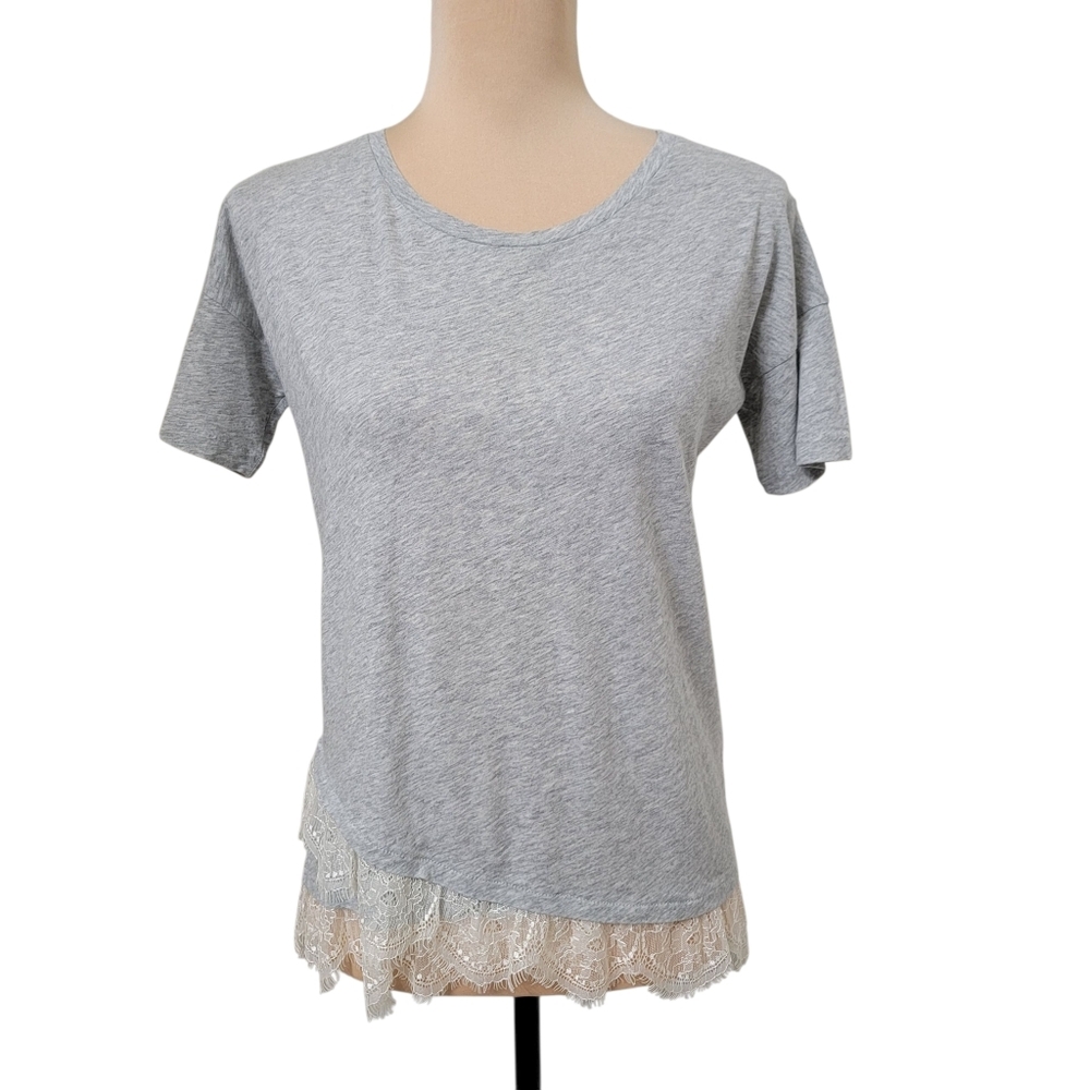 J. Crew Size XXS Gray T Shirt with Doily Lace Asymmetrical Trim, Gently Used